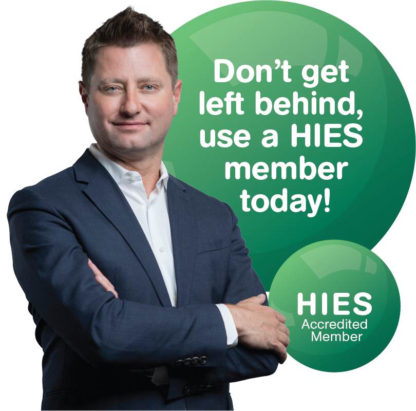 HIES logo with a picture of George Clarke and the quote 'Don't get left behind, use a HIES member today!'