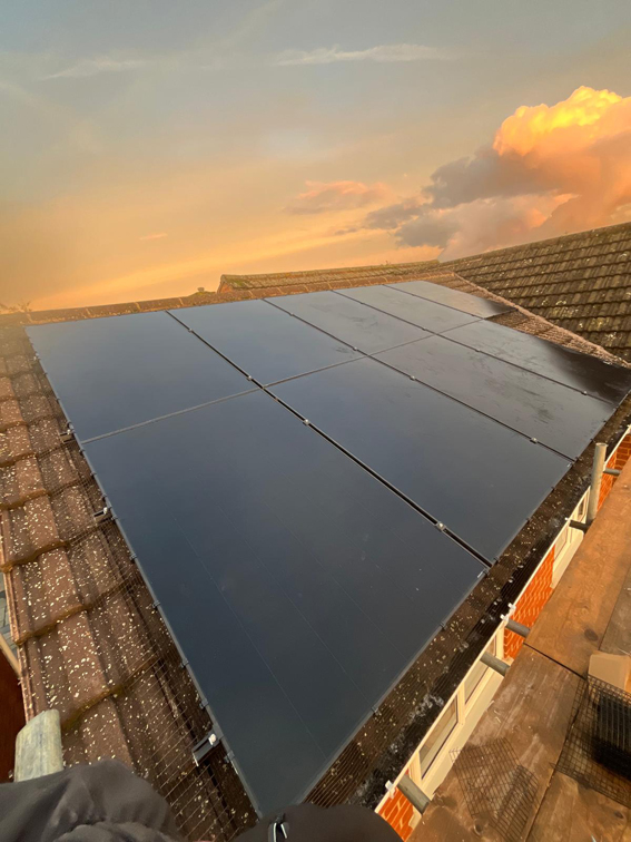 Solar panels, with bird guard, on a sloping roof